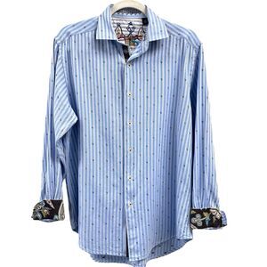 Robert Graham Mens M Button Up Shirt Blue Pin Stripe Paisley Cuffs Long‎ Sleeve